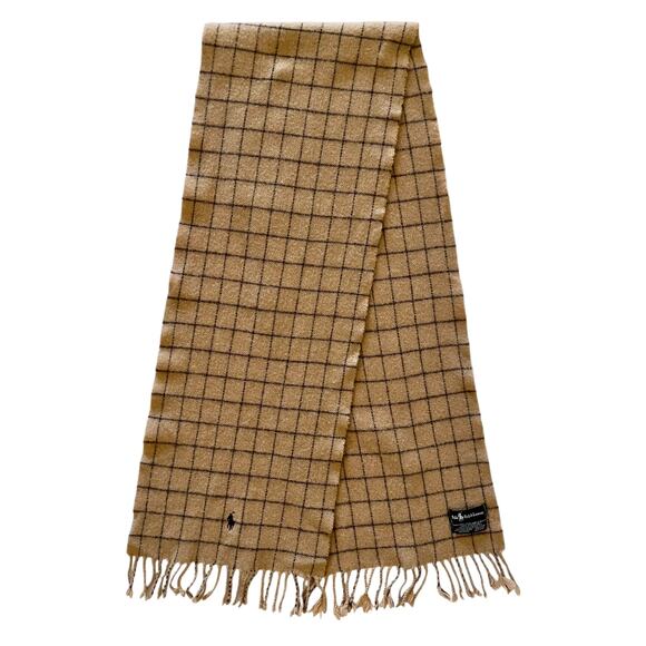 Vintage Polo Ralph Lauren Camel Tan Check Lambswool Fringe Muffler Scarf - Picture 2 of 7